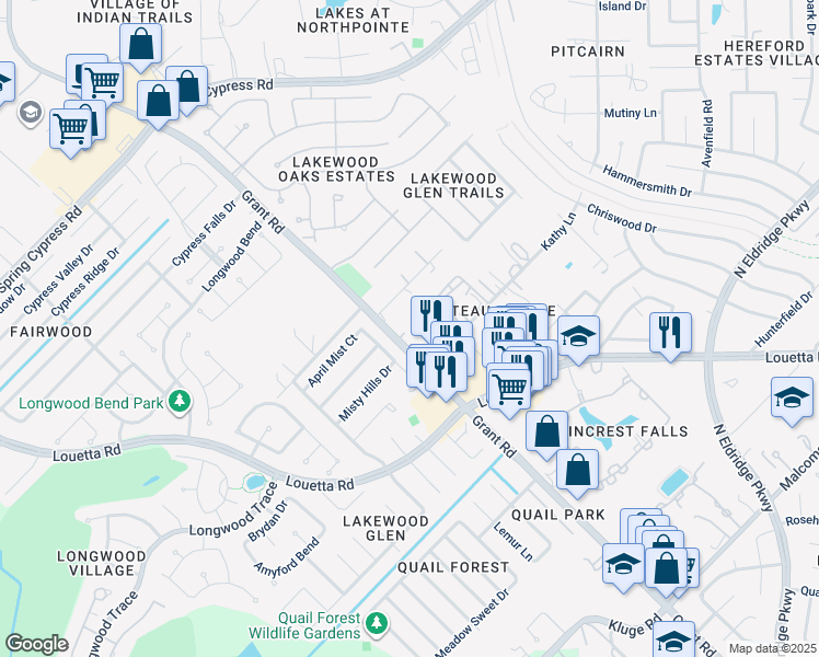 map of restaurants, bars, coffee shops, grocery stores, and more near 13322 Autumn Valley Drive in Cypress