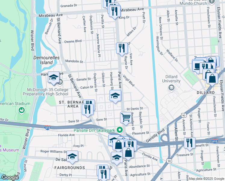 map of restaurants, bars, coffee shops, grocery stores, and more near 3940 Hamburg Street in New Orleans