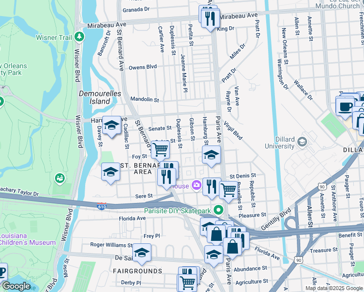 map of restaurants, bars, coffee shops, grocery stores, and more near 3935 Duplessis Street in New Orleans
