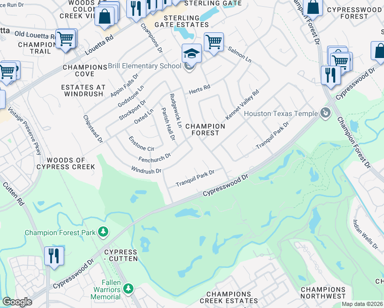 map of restaurants, bars, coffee shops, grocery stores, and more near 15923 Tranquil Park Court in Spring