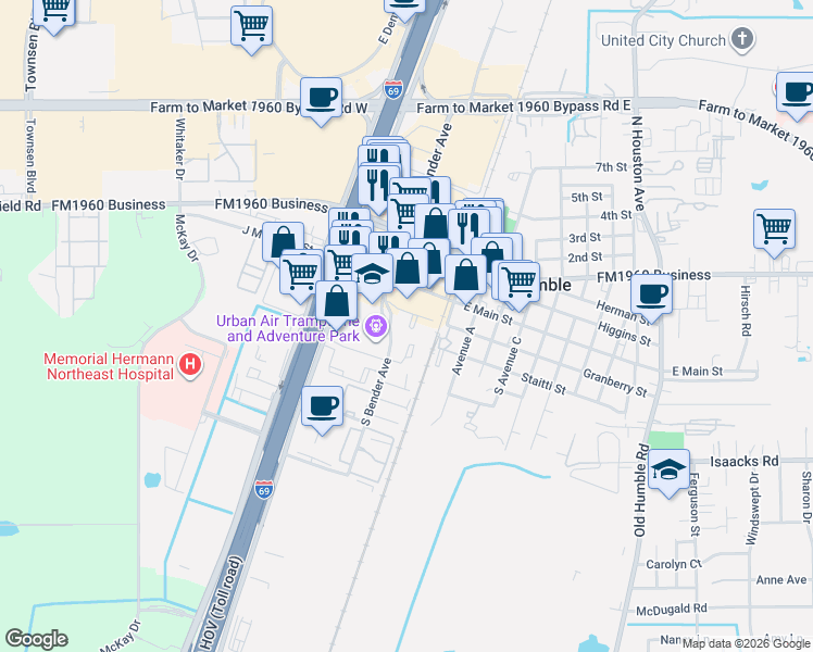map of restaurants, bars, coffee shops, grocery stores, and more near 401 South Bender Avenue in Humble