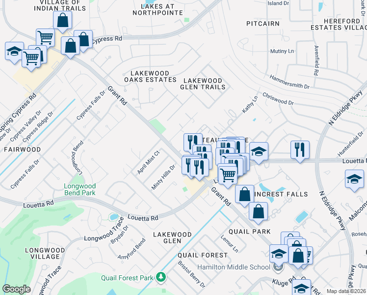 map of restaurants, bars, coffee shops, grocery stores, and more near 13322 Autumn Valley Drive in Cypress