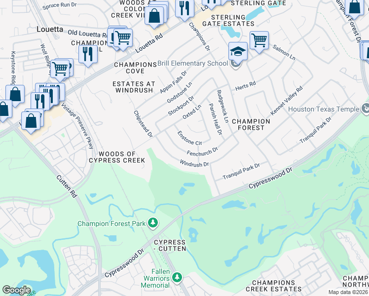 map of restaurants, bars, coffee shops, grocery stores, and more near 9606 Fenchurch Drive in Spring