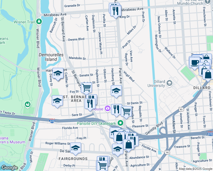 map of restaurants, bars, coffee shops, grocery stores, and more near 3935 Gibson Street in New Orleans