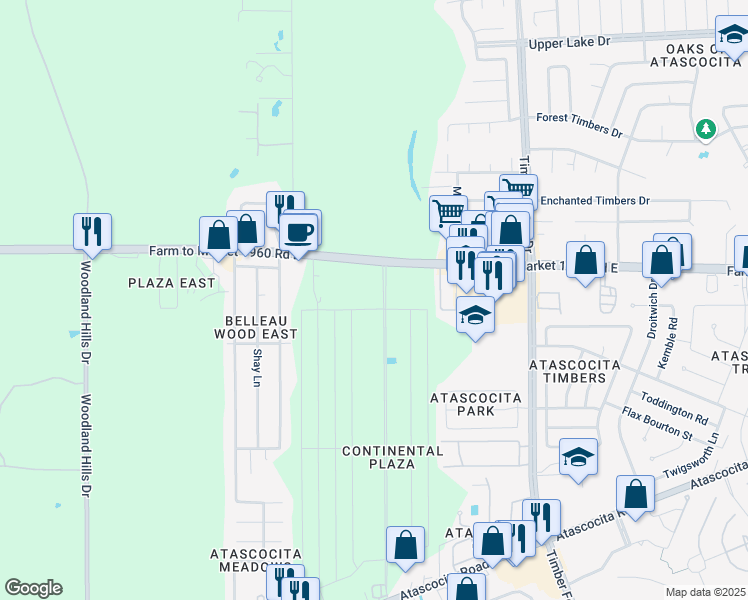 map of restaurants, bars, coffee shops, grocery stores, and more near 19103 Continental Parkway in Humble