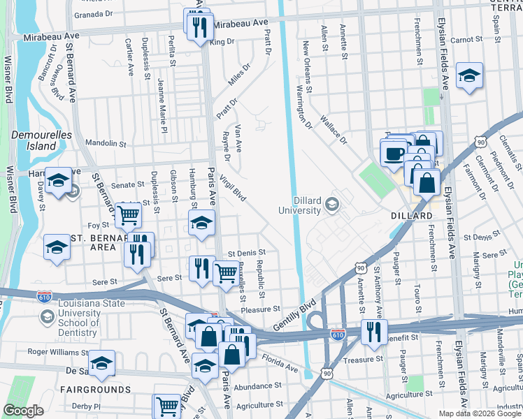 map of restaurants, bars, coffee shops, grocery stores, and more near 3825 Virgil Boulevard in New Orleans