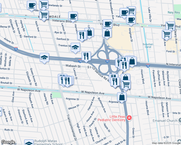 map of restaurants, bars, coffee shops, grocery stores, and more near 4740 South I-10 Service Road West in Metairie
