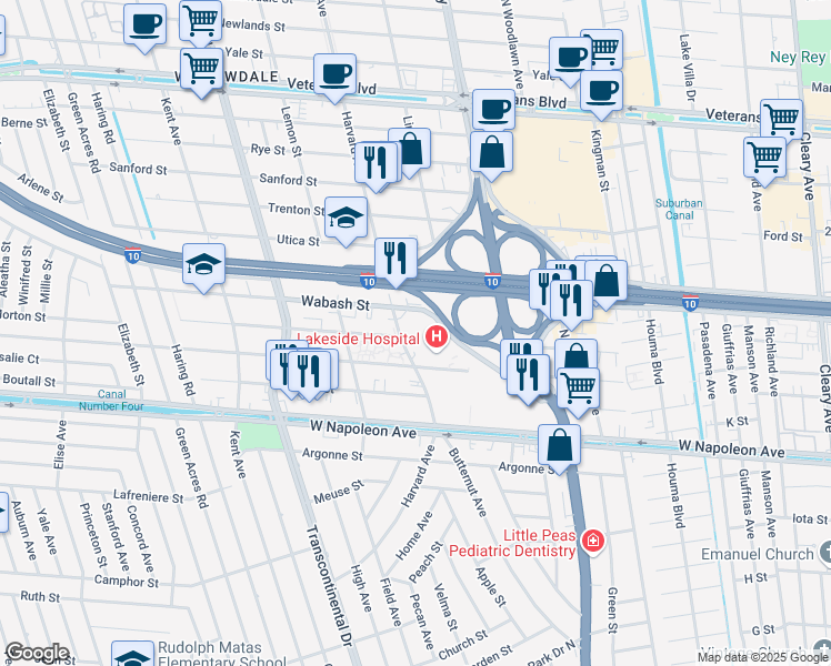 map of restaurants, bars, coffee shops, grocery stores, and more near 4740 South I-10 Service Road West in Metairie