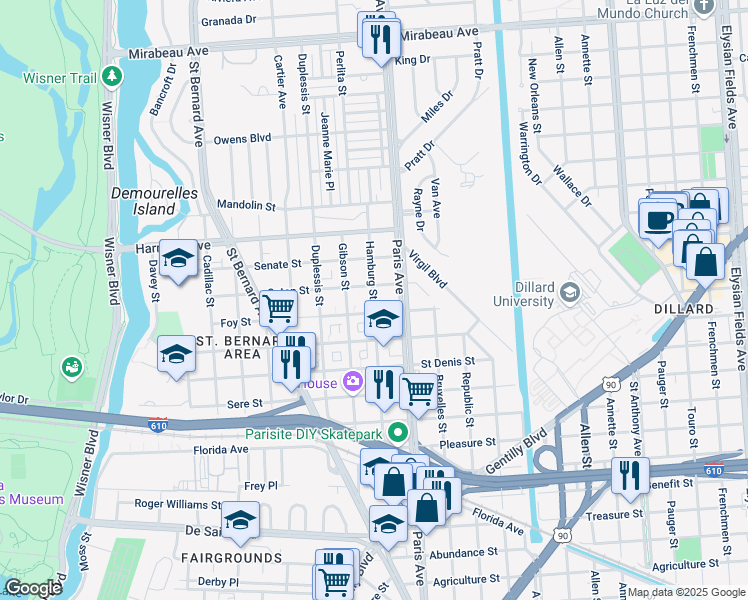 map of restaurants, bars, coffee shops, grocery stores, and more near 3934 Hamburg Street in New Orleans