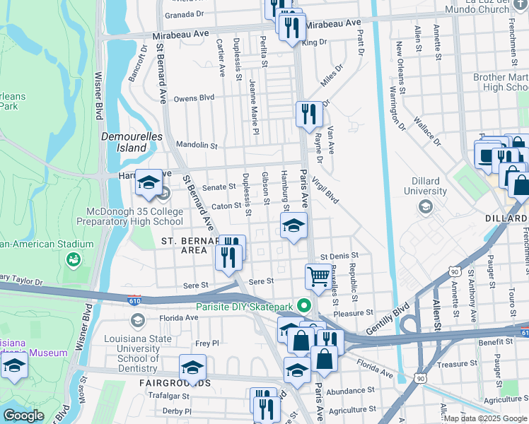 map of restaurants, bars, coffee shops, grocery stores, and more near 3938 Gibson Street in New Orleans