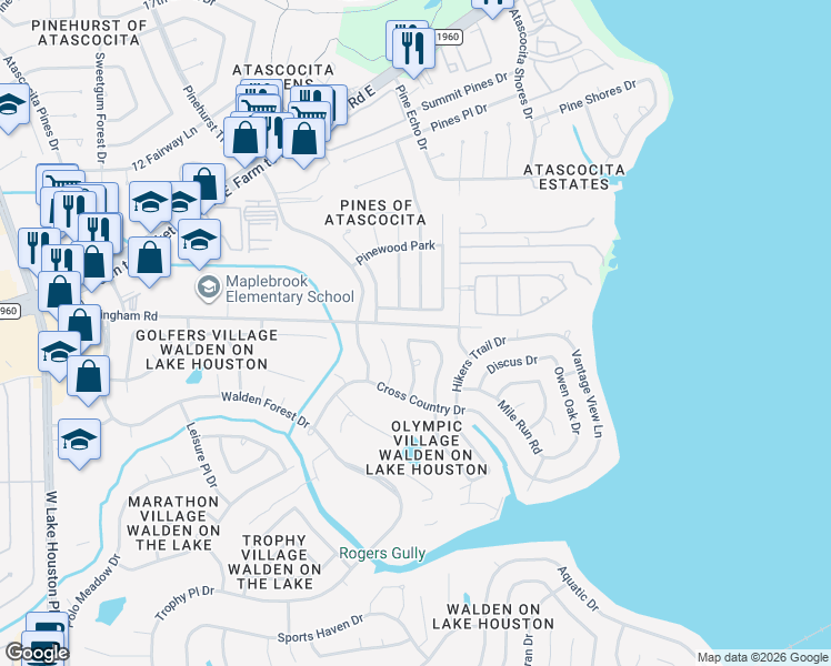 map of restaurants, bars, coffee shops, grocery stores, and more near 19143 Baton Pass in Humble