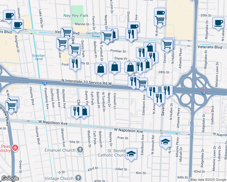 map of restaurants, bars, coffee shops, grocery stores, and more near 2511 Caswell Lane in Metairie