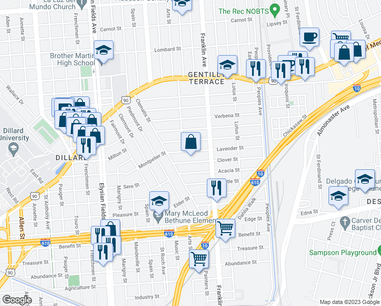 map of restaurants, bars, coffee shops, grocery stores, and more near 2536 Lavender Street in New Orleans