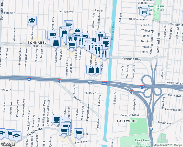map of restaurants, bars, coffee shops, grocery stores, and more near 710 Carrollton Avenue in Metairie