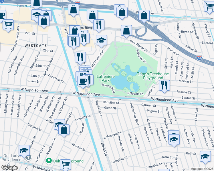 map of restaurants, bars, coffee shops, grocery stores, and more near in Metairie