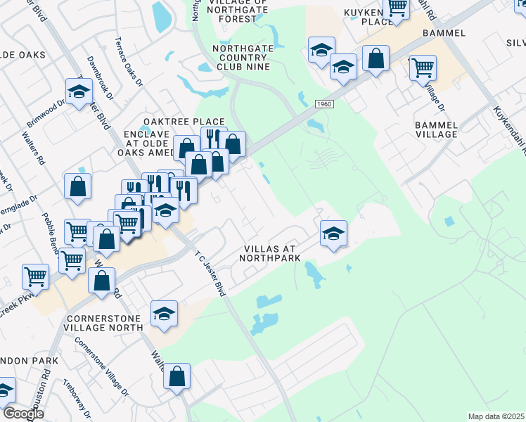 map of restaurants, bars, coffee shops, grocery stores, and more near 15010 Mintz Lane in Houston