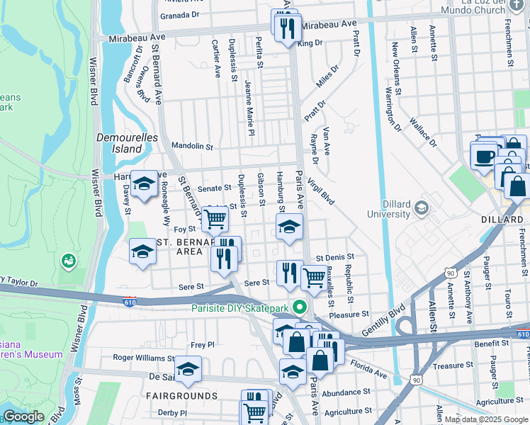 map of restaurants, bars, coffee shops, grocery stores, and more near 3937 Gibson Street in New Orleans