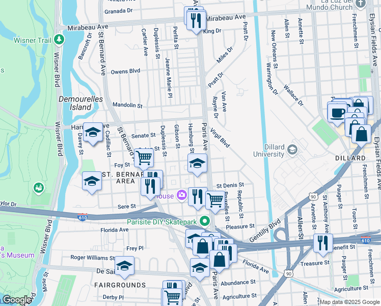 map of restaurants, bars, coffee shops, grocery stores, and more near 3936 Hamburg Street in New Orleans