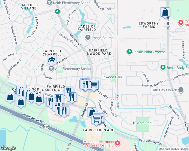map of restaurants, bars, coffee shops, grocery stores, and more near 15400 Mason Road in Cypress