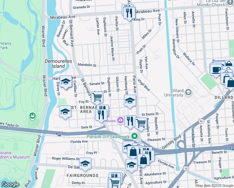 map of restaurants, bars, coffee shops, grocery stores, and more near 3940 Gibson Street in New Orleans