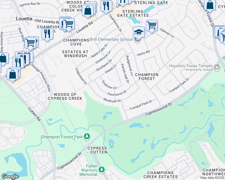 map of restaurants, bars, coffee shops, grocery stores, and more near 9606 Fenchurch Drive in Spring