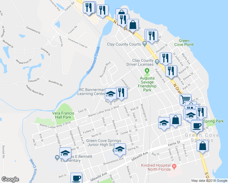 map of restaurants, bars, coffee shops, grocery stores, and more near 608 Mill Street in Green Cove Springs