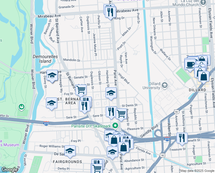 map of restaurants, bars, coffee shops, grocery stores, and more near 3938 Hamburg Street in New Orleans