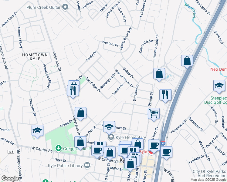 map of restaurants, bars, coffee shops, grocery stores, and more near 126 Salado Drive in Kyle