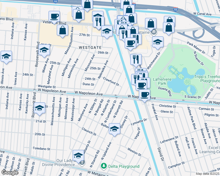map of restaurants, bars, coffee shops, grocery stores, and more near 8533 West Napoleon Avenue in Metairie