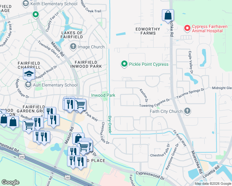 map of restaurants, bars, coffee shops, grocery stores, and more near 15403 Pattington Cypress Drive in Cypress