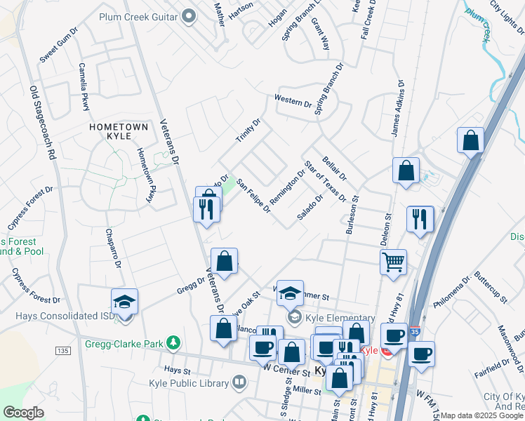 map of restaurants, bars, coffee shops, grocery stores, and more near 230 San Felipe Drive in Kyle