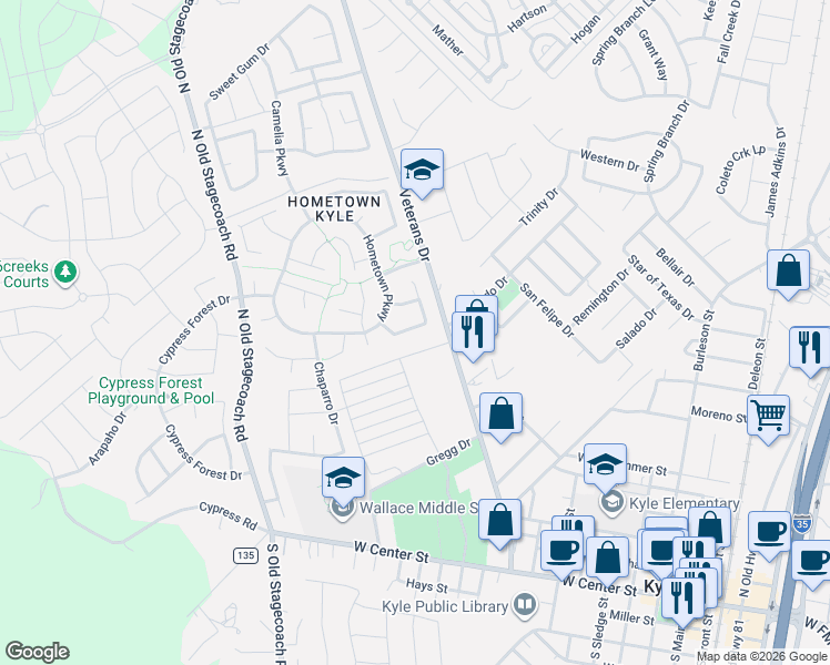 map of restaurants, bars, coffee shops, grocery stores, and more near 208 Birch Drive in Kyle