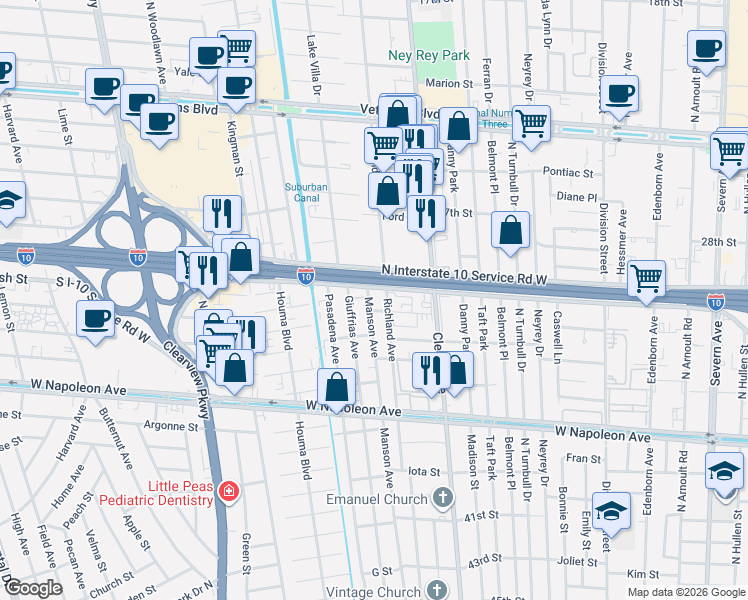 map of restaurants, bars, coffee shops, grocery stores, and more near 4048 Durand Street in Metairie