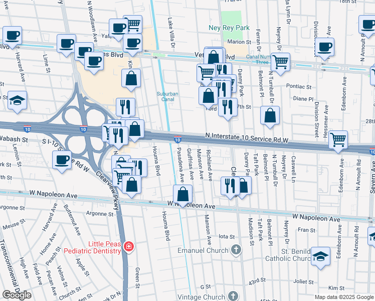 map of restaurants, bars, coffee shops, grocery stores, and more near 2420 Giuffrias Avenue in Metairie