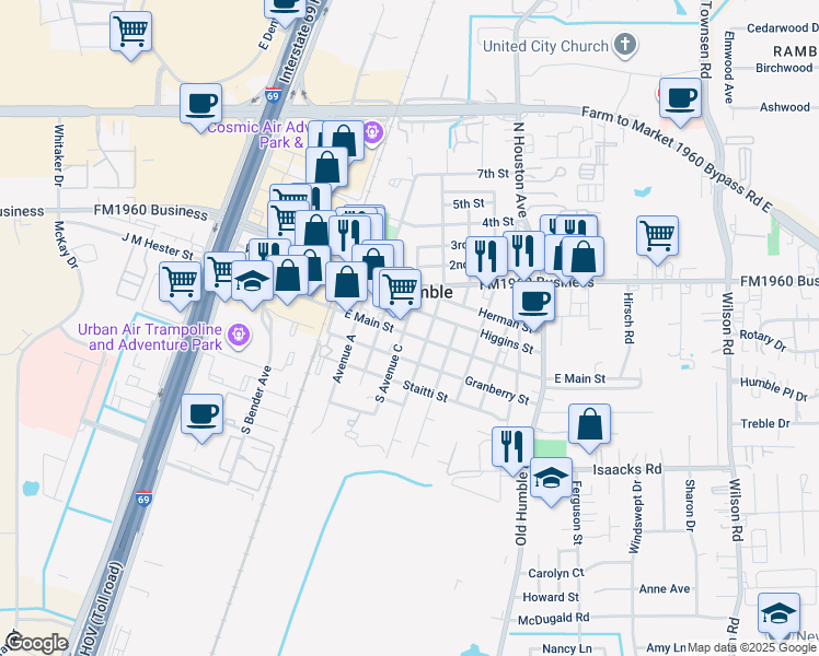 map of restaurants, bars, coffee shops, grocery stores, and more near 502 East Main Street in Humble