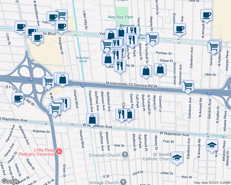 map of restaurants, bars, coffee shops, grocery stores, and more near 4008 Durand Street in Metairie