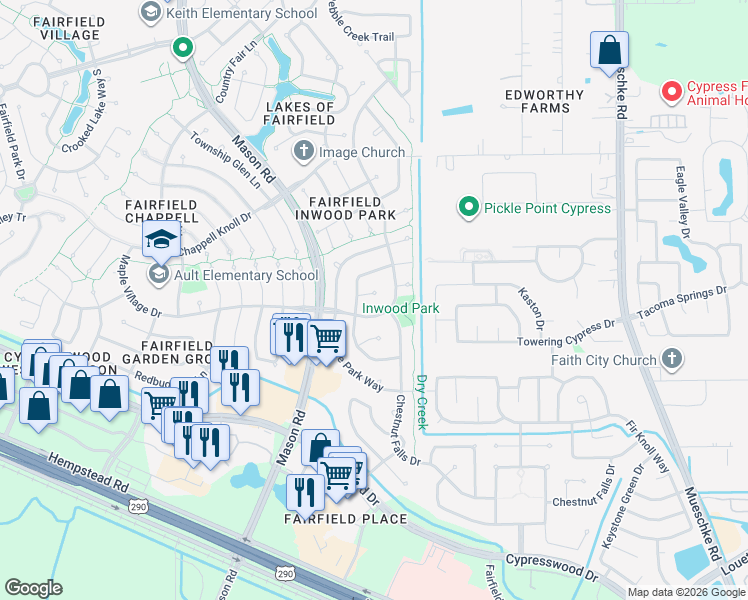 map of restaurants, bars, coffee shops, grocery stores, and more near 20415 Maple Meadows Court in Cypress