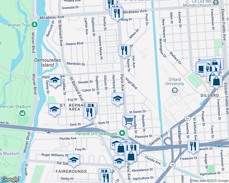 map of restaurants, bars, coffee shops, grocery stores, and more near 3962 Hamburg Street in New Orleans