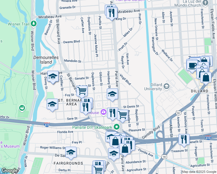 map of restaurants, bars, coffee shops, grocery stores, and more near 3940 Hamburg Street in New Orleans