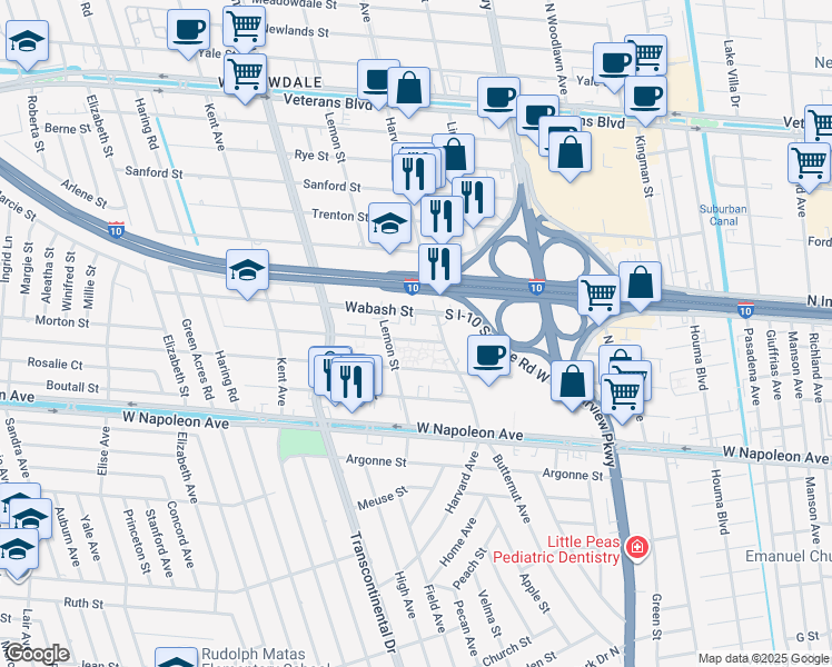 map of restaurants, bars, coffee shops, grocery stores, and more near 4821 Hearst Street in Metairie