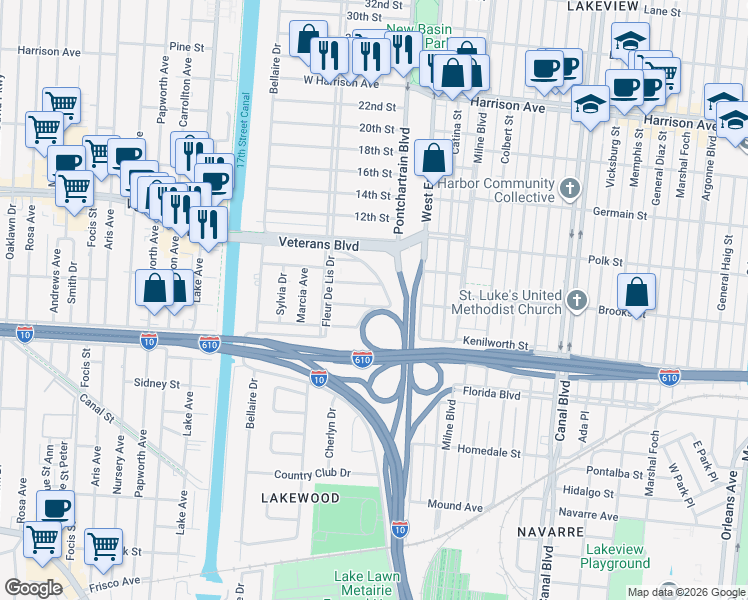 map of restaurants, bars, coffee shops, grocery stores, and more near 129 West Brooks Street in New Orleans