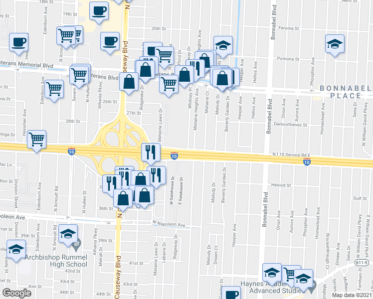 map of restaurants, bars, coffee shops, grocery stores, and more near 2500 Whitney Place in Metairie