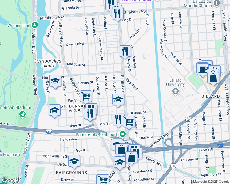 map of restaurants, bars, coffee shops, grocery stores, and more near 3964 Hamburg Street in New Orleans