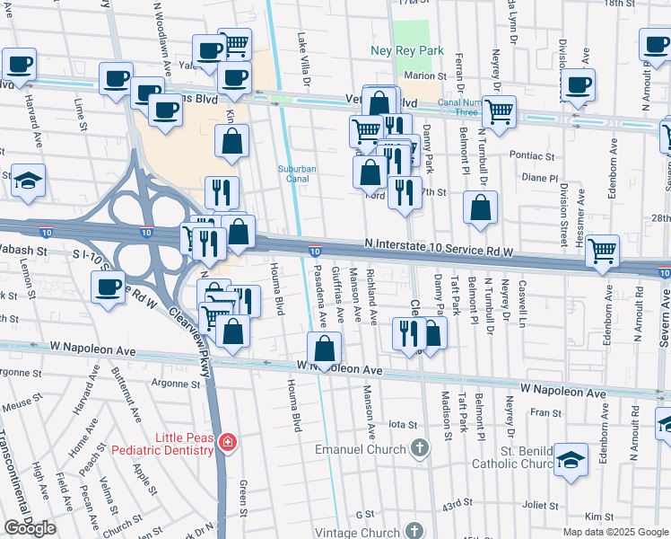 map of restaurants, bars, coffee shops, grocery stores, and more near 2420 Giuffrias Avenue in Metairie