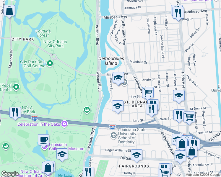 map of restaurants, bars, coffee shops, grocery stores, and more near 4000 Davey Street in New Orleans