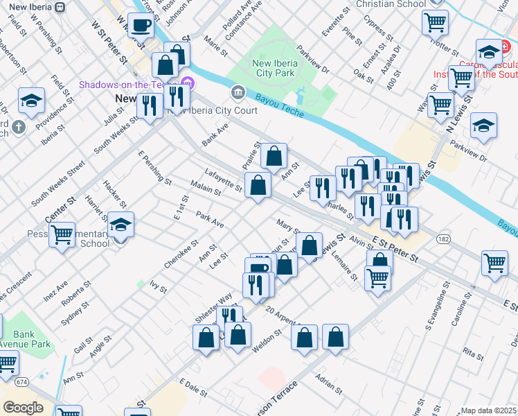 map of restaurants, bars, coffee shops, grocery stores, and more near 307 Ann Street in New Iberia