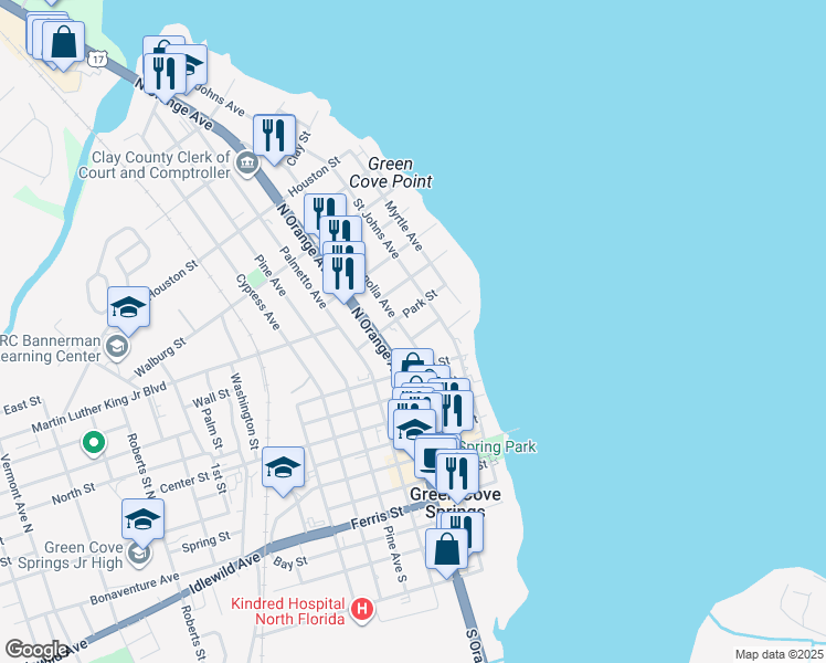 map of restaurants, bars, coffee shops, grocery stores, and more near 401 Magnolia Avenue North in Green Cove Springs