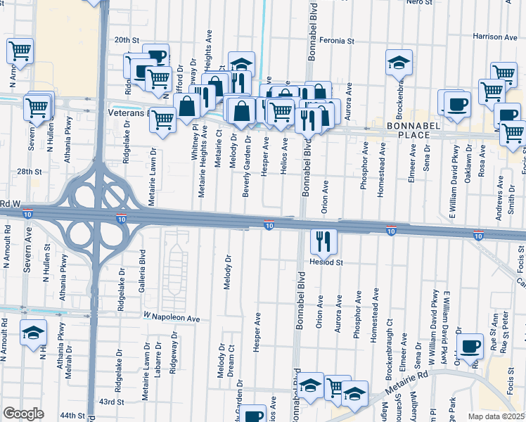 map of restaurants, bars, coffee shops, grocery stores, and more near 1922 Khan Drive in Metairie