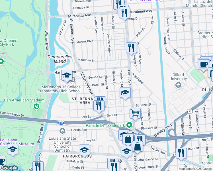 map of restaurants, bars, coffee shops, grocery stores, and more near 4010 Duplessis Street in New Orleans