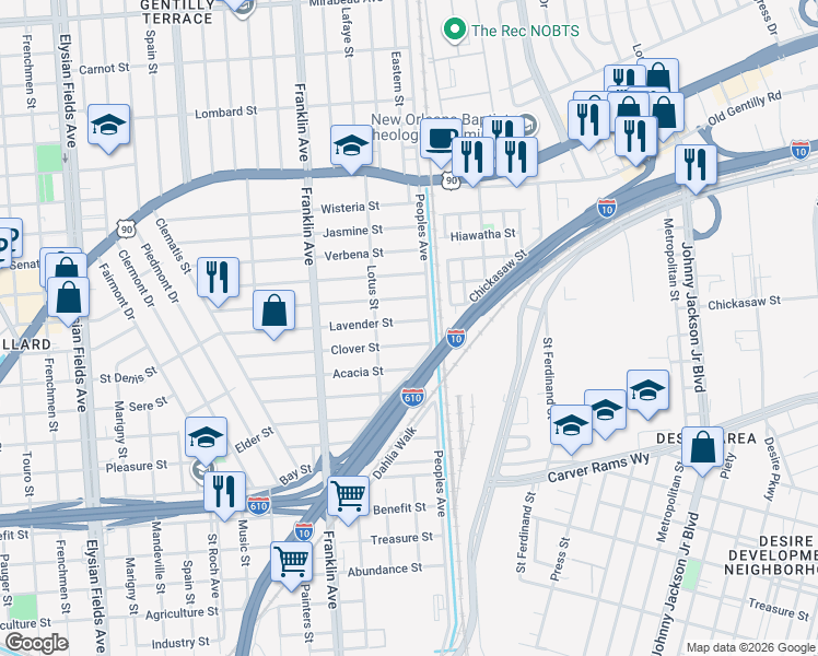 map of restaurants, bars, coffee shops, grocery stores, and more near 2748 Lavender Street in New Orleans